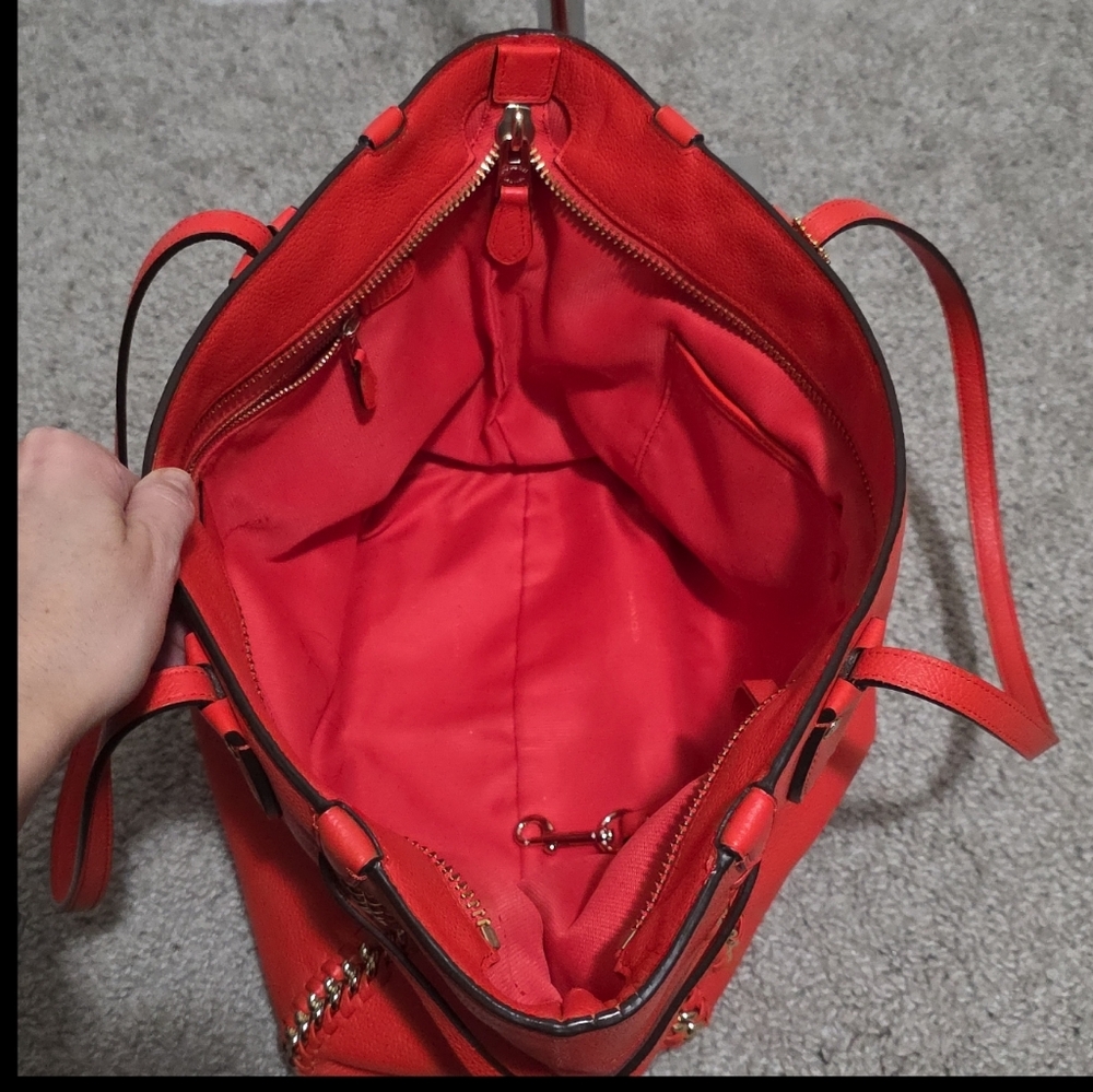 Coach Coral-Red Leather Tote with Whipstitch Accents - Picture 16 of 16